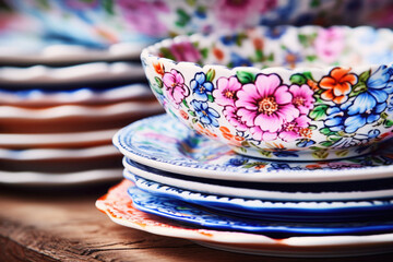 A stack of vintage folk floral patterned porcelain plates. Generative AI