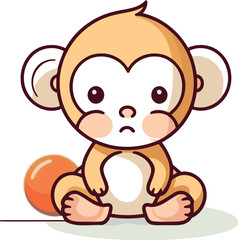 Monkey sitting with ball. Cute cartoon character. Vector illustration.