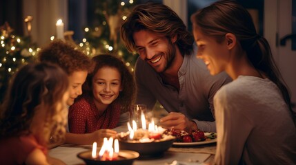 A family holiday on Christmas Eve, a joyful idyll and happy smiles at the table in a cozy festive atmosphere - obrazy, fototapety, plakaty