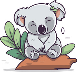 Cute cartoon koala sitting on a rock. Vector illustration.