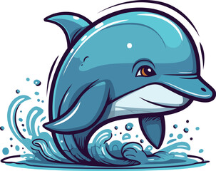 Cute cartoon dolphin swimming in the sea. Vector illustration isolated on white background.