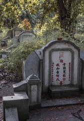 Traditional chinese graves are at Tio Chew Chinese Cemetery in Bangkok. A rows of gray stone...