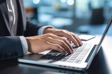 close up shot of businessman hands typing on laptop while sitting at office desk
