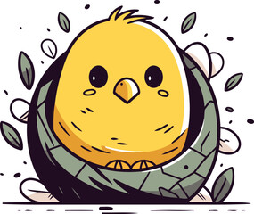 Cute little chicken in eggshell. Vector illustration in cartoon style.
