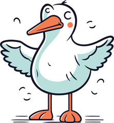 Vector illustration of cute cartoon seagull with wings and legs.