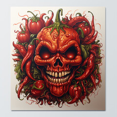 "Hyper-detailed illustration of a chili pepper with teeth, adding a playful touch to its fiery character. Against a clean white background, this artwork combines intricate details with whimsical charm