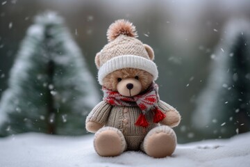 Small fluffy plush teddy bear on winter forest background. Tiny cuddly bear toy with warm cap and scarf. Generate ai