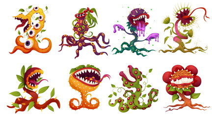 Carnivorous plant set, monster plants. Vector fantasy scary flower icons. Cartoon flytraps or flower predators. Angry flowers with teeth. - obrazy, fototapety, plakaty