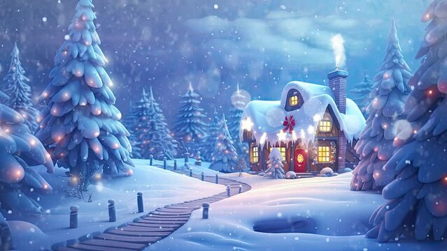 Christmas decorations with snowfall and small houses decorated with Christmas trees. with cartoon style.  seamless looping time-lapse virtual video animation background.
