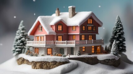住宅のミニチュア模型に雪が積もる、小さな家のジオラマ、冬のイメージ｜Snow accumulates on a miniature model of a house. Diorama of a small house. winter image. Generative AI