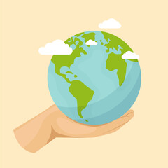 Fototapeta premium Save planet hands. Cartoon human hands hold different ecological symbols and elements, environment protection signs. Protection with Hand Taking Care of Green Planet