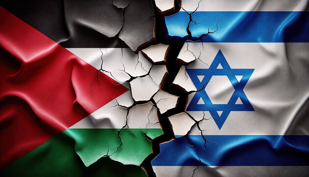 Israel vs Palestine National Flags Grunge Style with Crack. Palestinian Gaza Strip War Conflict breaking relationship. Geopolitical Warfare crisis concept. Israel vs Hamas. Middle East security