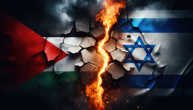 Israel vs Palestine National Flags Grunge Style with Fire Crack. Palestinian Gaza Strip War Conflict breaking relationship. Geopolitical Warfare crisis concept. Israel vs Hamas. Middle East security
