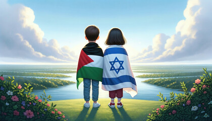 Israel vs Palestine War Conflict. Children of Hope, Boy and Girl Covered in National Flags with Nature River Landscape. Stop War and Peace Agreement Unity Concept, Gaza Historical Struggles - obrazy, fototapety, plakaty