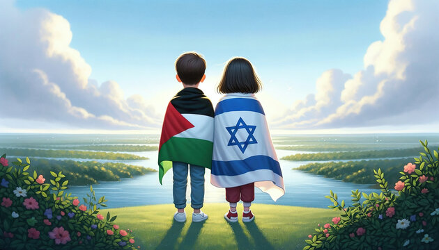 Israel vs Palestine War Conflict. Children of Hope, Boy and Girl Covered in National Flags with Nature River Landscape. Stop War and Peace Agreement Unity Concept, Gaza Historical Struggles