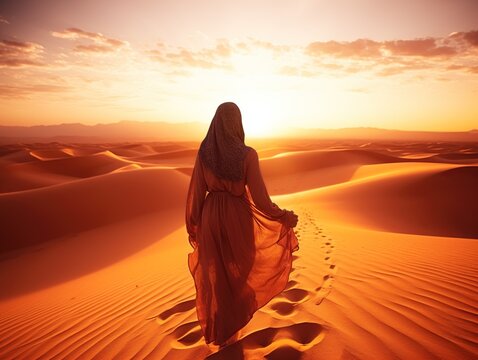 Arabian woman in the desert at sunset travel concept background 