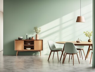 Modern living room in Scandinavian, mid-century design featuring mint-colored chairs around a wooden dining table, complemented by a sofa and cabinet against a green wall