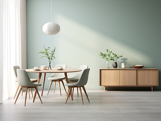 Modern living room in Scandinavian, mid-century design featuring mint-colored chairs around a wooden dining table, complemented by a sofa and cabinet against a green wall