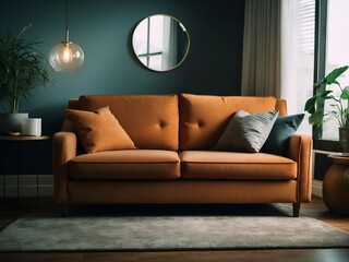 Eine Couch oder Sofa mit einem Spiegel und einigen Kissen in einem Wohnzimmer