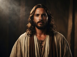 Ein gläubiger Mann aus historischer Zeit oder Jesus steht für seinen Glauben - obrazy, fototapety, plakaty