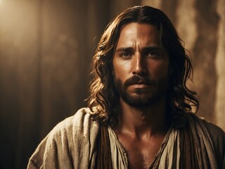 Jesus ist ein gnädiger Mensch oder ein Mann aus historischer Zeit der ernst schaut - obrazy, fototapety, plakaty