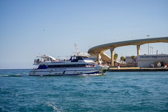 Las golondrinas tourist cruise ship in Barcelona port. July, 2023 - Barcelona, Spain