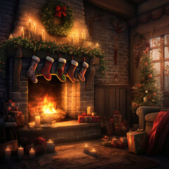 Obraz premium Cozy Christmas Eve Fireplace with Stockings, AI Generated