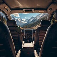  The interior of a car with views to the outside landscape