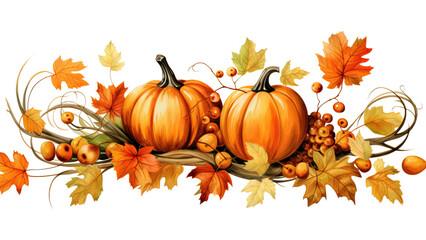 Naklejka premium Autumn Leaves and Pumpkin Composition Watercolor Clip Art Illustration, White or Transparent Background for Halloween and Thanksgiving. PNG
