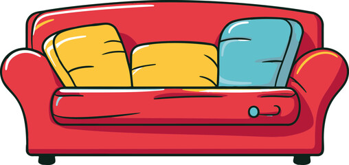 Minimalistic vector image of a simple, comic-style sofa with flat colors, exuding a sleek and modern aesthetic.