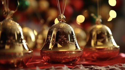 Closeup Shot of Christmas Handbells and Music Sheets Adorned with Festive Decorations - obrazy, fototapety, plakaty