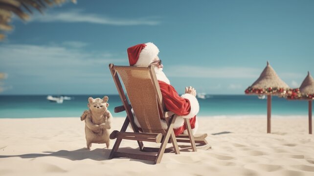 Cozy Christmas Back with Santa Claus in Relax Mode Enjoying the Sandy Beach View in July - Festive Generative AI Image
