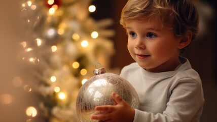 Naklejka premium Curious Toddler Boy Admiring Christmas Ornament Under Cosy Christmas Tree With Joyful Wonder