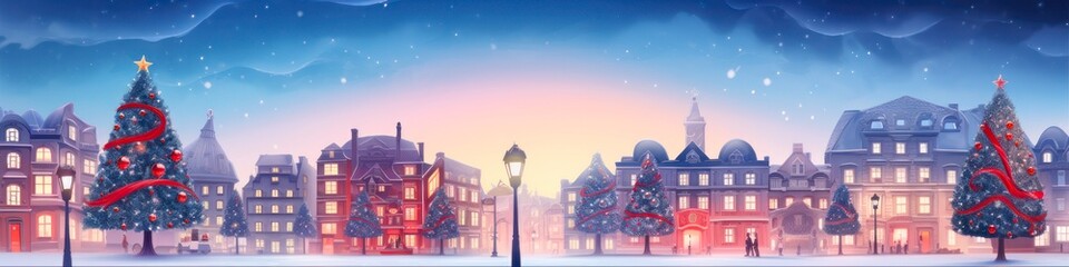 Festive Cartoon Christmas Town: Sparkling Christmas Tree on Snowy Town Square at Sunset - obrazy, fototapety, plakaty