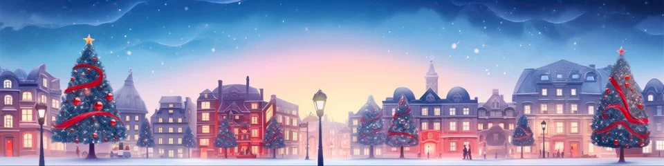 Fotobehang Festive Cartoon Christmas Town: Sparkling Christmas Tree on Snowy Town Square at Sunset © Sandris_ua