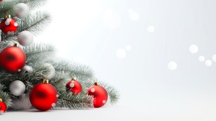Fototapeta na wymiar Festive Christmas Banner with Silver and Red Balls on Fir Tree Branches against White Background