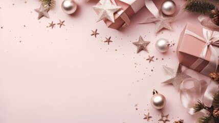 Festive Christmas Flatlay with Glittering Decorations and Gift Boxes on Snowy Fir Branches