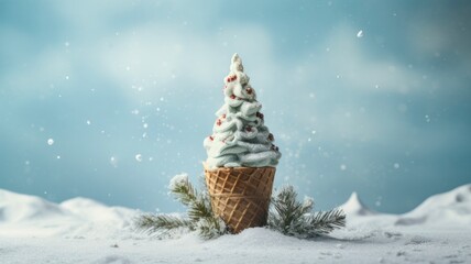 Festive Christmas Tree Ice Cream Cone with Sprinkles on Abstract Background for a Merry Holiday Concept