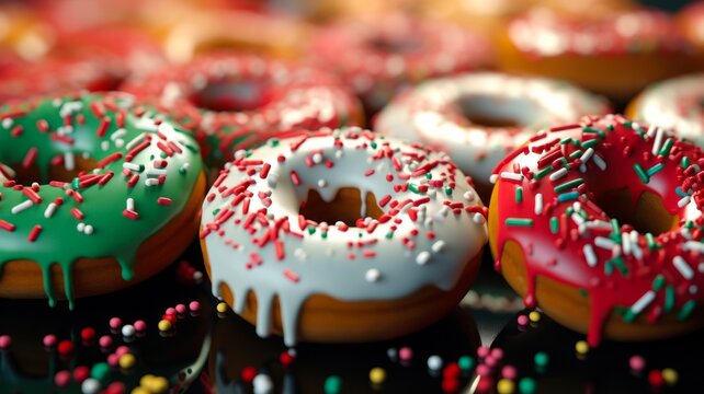 Festive Christmas Donuts adorned with Sprinkles in Vibrant Colours at a Bakery