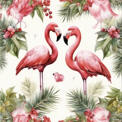 Festive Flamingos: A Christmas Themed Seamless Pattern with Hats, Trees, and Gifts for Your Designs