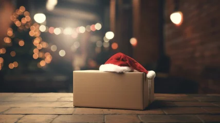 Fotobehang Festive Freight: Brown Box with Santa Hat and Christmas Lights - Moving Company's Holiday Promotion Concept © Sandris_ua
