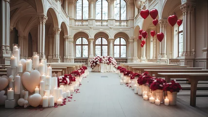Fotobehang 3D rendering of a hall decorated for Valentine's Day, Wedding or Christmas with red hearts and candles. Generative AI technology. © Grycaj