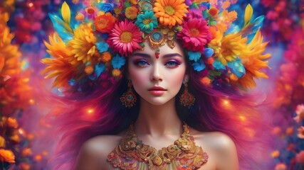 Fototapeta premium Woman with a flower around her body and face in a colorful background