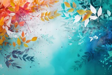 Fototapeta na wymiar Bright, vibrant foliage with shadows and sparkling accents against light blue backdrop with splattered white paint. Perfect for custom designs. Generative AI