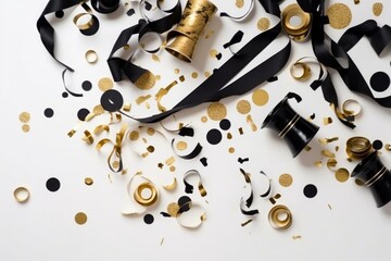 Top view of a gold and black confetti border with noisemakers, streamers, and decorations on a white banner background. Generative AI