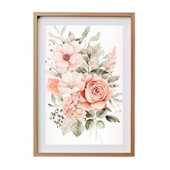 watercolor wall paintings with flowers in a wood frame isolated on transparent background Remove png, Clipping Path