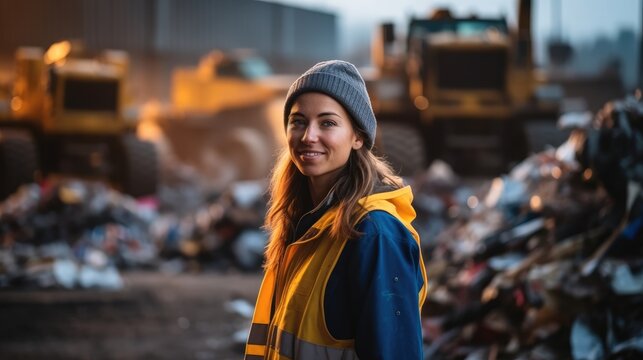 Female worker standing on front of a pile of scrap at recycling center.