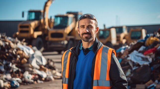 Male worker standing on front of a pile of scrap at recycling center.