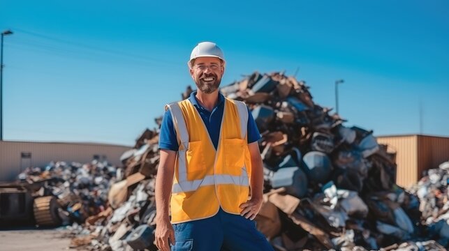 Male worker standing on front of a pile of scrap at recycling center. - Powered by Adobe