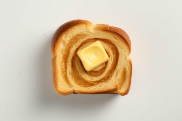 Isolated butter curl on bread slice from a top view. Generative AI